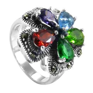 Art Palace 925 Silver Flower Cocktail <b>Ring</b> with Oval Cut Natural Stone Multi <b>Gemstones</b> for Women Vintage Style Gift - Product Image 2