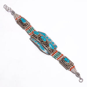 Bracelet de pierres précieuses Lapis corail turquoise naturel, Bracelet antique népalais en argent tibétain, fournisseur de bijoux vintage, bijoux fins - Product Image 3