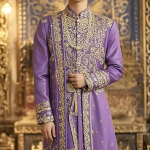 Royal Designer Light Purple Sherwani and <b>Pant</b> with Embellished beautiful crystal Glass Beads, Resham, Kasab embroidery work=2025 - Product Image 1
