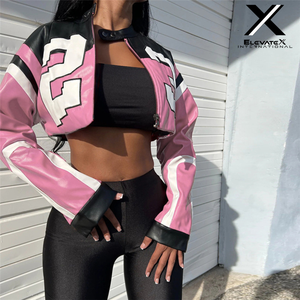 ¡Novedad de 2024! Chaqueta universitaria a prueba de viento teñida Lisa para mujer, chaqueta recortada de moda de cuero PU para béisbol Varsity, chaqueta de carreras para mujer - Product Image 2