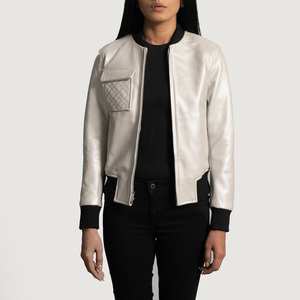 Chaqueta universitaria informal y elegante para mujer en piel de oveja de lana plateada al por mayor para la temporada de otoño - Product Image 4