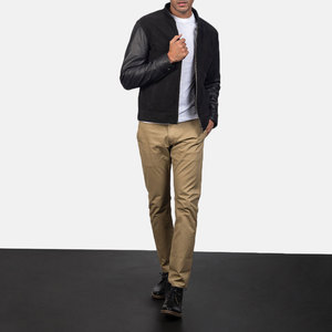Chaqueta Bomber de Cuero Negra para Hombre, Cuello Alto, Cierre de Cremallera, Estilo Motociclista, Corte Regular, Color Sólido, para Otoño - Product Image 2