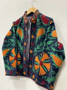 Bohemian Floral Embroidered Suzani Bomber <b>Jacket</b> 100% Cotton <b>Velvet</b> Medium Length Stand Collar Open Stitch Closure Elegant Women - Product Image 6