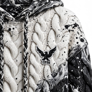 Black <b>White</b> 100% Cotton Cable Knit Texture Winter Pullover <b>Hoodie</b> Drawstring Hood Kangaroo Pocket Printed Splatter Pattern - Product Image 6