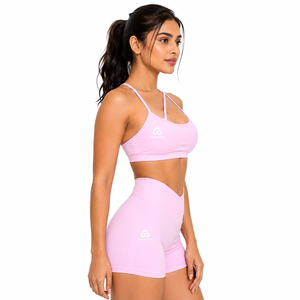 Womens <b>Pink</b> Crisscross Straps High Support Sports Bra High Waist Shorts <b>Set</b> | Yoga Activewear 2-Piece Custom Logo - Product Image 4