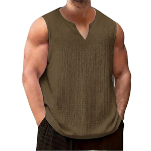 Camiseta sin mangas con cuello en V para hombre, blanca, informal, transpirable, de algodón tejido, de color sólido, holgada, para verano - Product Image 4