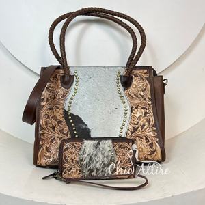 Custom Fashion 2 Piece Set Designer Wholesale Hand <b>Tooled</b> Genuine Cowhide <b>Leather</b> Tote Bag & Wristlet Clutch Combo for Women's - Product Image 1