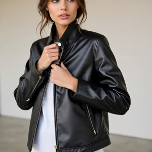 Ropa deportiva para mujer Chaquetas recortadas de cuero genuino con cremallera para motorista | Chaqueta de cuero pesado con cuello vuelto de piel de oveja para mujer - Product Image 2