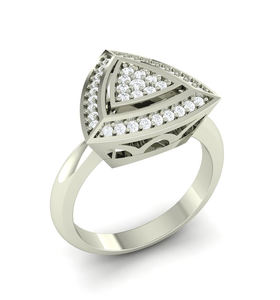 Bague en or 14 carats avec diamant naturel au design trillion géométrique moderne avec diamants ronds pavés dans un cadre triangulaire superposé - Product Image 6