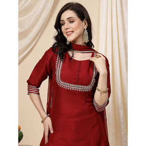 Kurta Anarkali Bordada con Lentejuelas Color Granate para Mujer, con Pantalón de Algodón y Dupatta, Traje Salwar de Estilo Étnico Indio, Material Pesado - Product Image 5