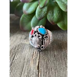 Navajo Handcrafted Turquoise & Opal <b>Sterling</b> <b>Silver</b> <b>Ring</b> Bezel <b>Set</b> Size 13.5 - Product Image 1