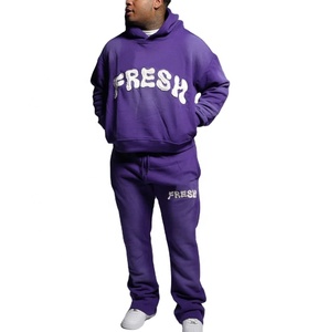 Vêtements décontractés Survêtement évasé lourd délavé à l'acide Jogging à jambe droite Ensembles de survêtements à capuche et de pantalons de survêtement en détresse - Product Image 4