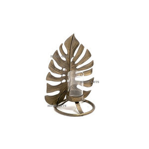 Lot de 2 bougeoirs de table décoratifs en laiton avec motif de feuilles bougeoirs de forme ronde du meilleur exportateur en Inde - Product Image 5