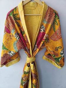 Winter Wear Sweet Style Kantha Jacket Long <b>Coat</b> Screen Print Floral V-neck Kimono <b>Robes</b> Soft Fabric Handmade Stitched Natural - Product Image 3