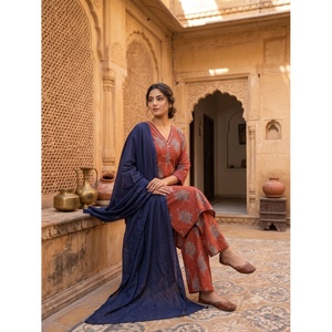 Conjunto de Pantalones Palazzo de Algodón Color Granate Rama's High Street para Mujer, con Dupatta, Blusa Estampada de Manga Larga, Transpirable, Corte Regular para Verano, MP-1888-A - Product Image 2