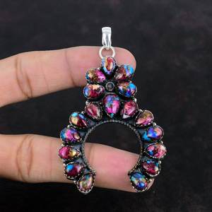 Kingman Multi-Color <b>Turquoise</b> Gemstone Pendant Pink Dahlia & Spiny Oyster for Wedding & Gift Jewelry - Product Image 4