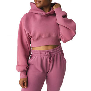 Sudadera con capucha recortada personalizada de gran tamaño para mujer, ropa de calle de manga larga, Top corto bordado, sudadera deportiva de cuello redondo - Product Image 3