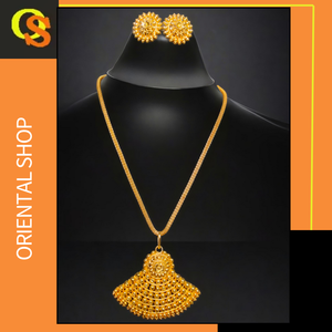 Compra collar pendientes conjunto con chapado en oro de 22 quilates diseño premium collar pendientes conjunto para mujer usar joyería - Product Image 2