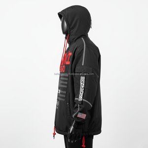 Veste coupe-vent en nylon Premium 210 GSM résistante à l'eau noire avec broderie rouge Logo personnalisé veste coupe-vent à capuche pour homme - Product Image 5