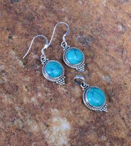 Boucles d'oreilles classiques faites à la main 925 argent massif 925 argent Sterling Turquoise pierre précieuse Style Boho boucles d'oreilles pendentif ensemble bijoux - Product Image 1