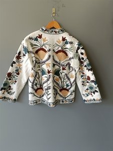 Suzani Women's Winter Kimono <b>Robe</b> <b>Coat</b> Handmade Embroidery Quilted Organza Floral Print Vintage Design - Product Image 2