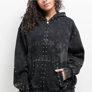 Premium Women Acid Wash Rhinestone Hoodie Transpirable Street Fashion Pullover con detalles brillantes - Product Image 1