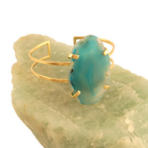 Pulsera ajustable de doble capa, brazalete abierto bohemio hecho a mano, color verde natural, rebanada de geode dorada, venta al por mayor de fábrica - Product Image 5