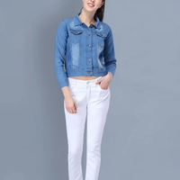 Jaket Denim Wanita Biru Bordir Kustom Kancing Ganda Lapisan Wol Rajutan Tenun Viskosa Bernapas