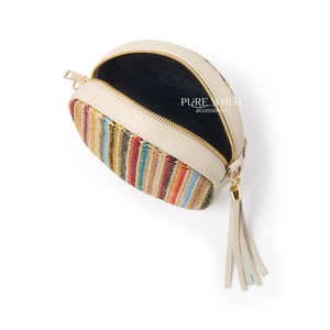 Sac bandoulière rond en cuir véritable italien et raphia-PS650 - Product Image 3