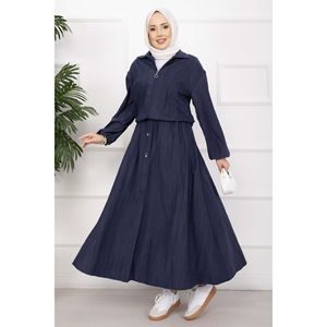 Conjunto de Chaqueta Bomber Azul Marino y Falda con Botones, Estilo Casual Contemporáneo, Talla XS, Tejido con Patrón Sólido, Conjunto de Dos Piezas para Invierno - Product Image 3