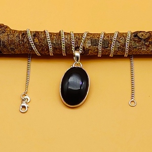 Bohemian Boho Style Black <b>Onyx</b> Cabochon Pendant 925 Solid Silver <b>Necklace</b> Artisan Crafted Perfect Gift for Women and Children - Product Image 2