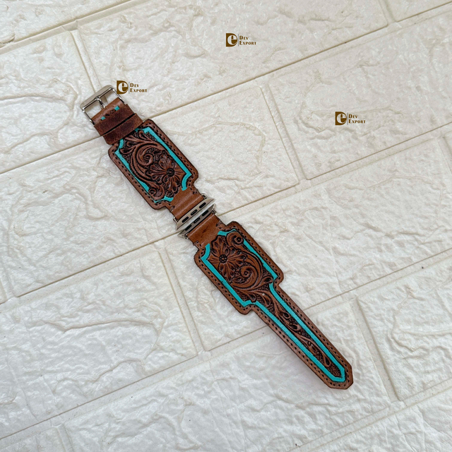 New Arrival Custom Western Floral Design Hand Tooled Leather Watch Band Boho Turquoise Color Replacement Leather Watch Straps