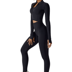 Conjunto Deportivo de 3 Piezas para Mujer, Talla Grande, con Logotipo Personalizado, Top Deportivo Acanalado Simple sin Costuras, Leggings de Cintura Alta, para Gimnasio, Fitness, Yoga, Actividad Física - Product Image 5