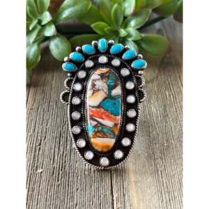 Navajo Handmade Turquoise & Opal Sterling <b>Silver</b> <b>Adjustable</b> Boho Statement <b>Ring</b> - Product Image 1