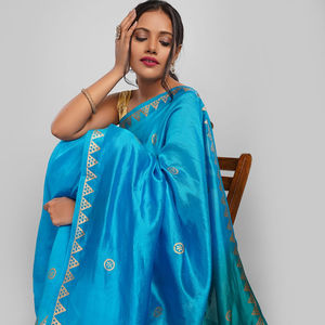 Diseñador Banarasi algodón seda Tussar Saree con bordado pesado y blusa elegante para mujer ropa de fiesta - Product Image 2