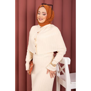 Autumn Casual Cape <b>Knit</b> Dress <b>Set</b> with Button Detail for Cream Print Style - Product Image 4