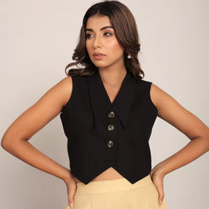 Black Solid Relaxed Western <b>Top</b> With Closer 4 Buttons Elegant <b>Women</b> Wholesale Summer Clothes <b>Tops</b> Pure Cotton Short Sleeve <b>Top</b> - Product Image 1