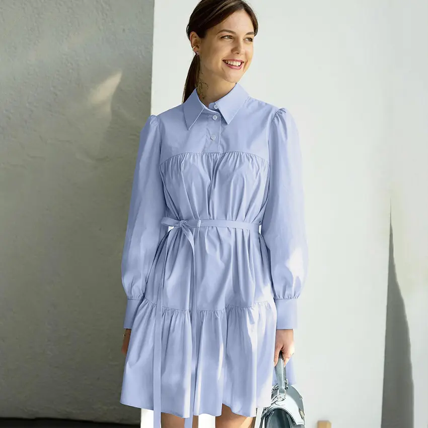 Spring Career Shirt Dresses Women Short Casual Simple Long Sleeve Solid Ruffle Dress