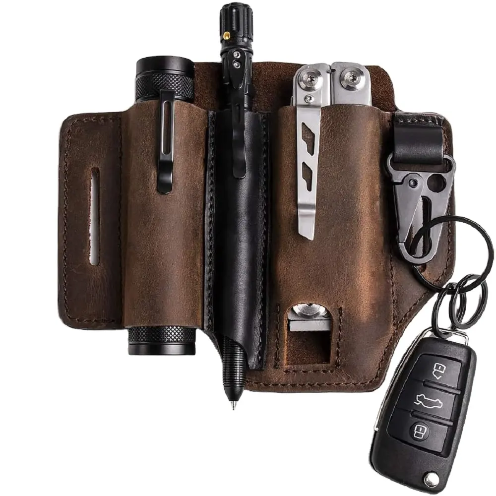 Fourreau multi-outils pour hommes, ceinture en cuir EDC pochette organisateur avec porte-stylo porte-clés lampe de poche gaine EDC pochette en cuir