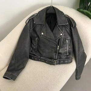 New Winter Men Faux Leather <b>Jacket</b> Wool Lining Chic Vintage Biker Coat <b>Short</b> Lapel Zipper Belt Waterproof Windproof - Product Image 4