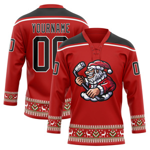 Maillot de hockey réversible brodé 3D du Père Noël de Noël personnalisable Service OEM disponible avec col en dentelle - Product Image 3