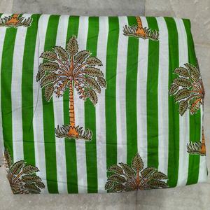 Organic Traditional Jaipuri Print Green Stripe Palm Tree Cambric Cotton Fabric 60x60 Eco-Friendly for Curtain Craft <b>Bag</b> Use - Product Image 1