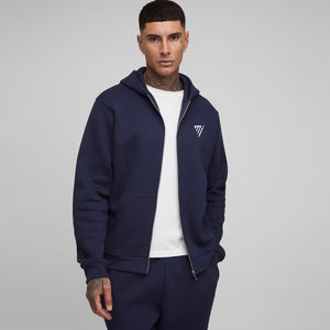 New Fashion Trend High Quality <b>Navy</b> 100% Cotton Zipper-Up Hoodie Solid Color Geometric Pattern Autumn Casual Hoodie for <b>Mens</b> - Product Image 1