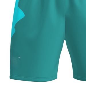 Shorts de sport personnalisés pour hommes en turquoise avec des panneaux latéraux bleu clair et des caractéristiques athlétiques à séchage rapide, respirants et avec impression de numéros - Product Image 3