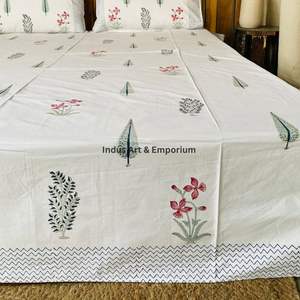 Juego de Sábanas con Estampado Artesanal Sanganeri de la India, Sábanas con Funda de Almohada - Product Image 2