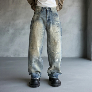 Jean en denim taille haute à jambe large avec broderie de sequins et imprimé scintillant, coupe ample, en coton délavé, style streetwear, collection automne - Product Image 5
