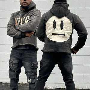 Sweat à Capuche Streetwear Personnalisé à Ourlet Brut Lettre Éponge Française Patch Brodé en Détresse Applique Lavage à l'Acide à Capuche Hommes - Product Image 2