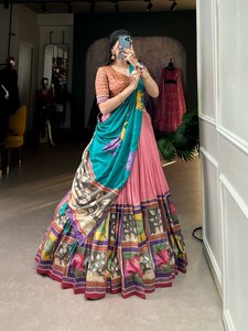 Nuevo hermoso diseño Kalamkari impreso con papel de aluminio estilo Gujarati suave Tussar seda Lahenga Choli Para Boda y fiesta especial - Product Image 4