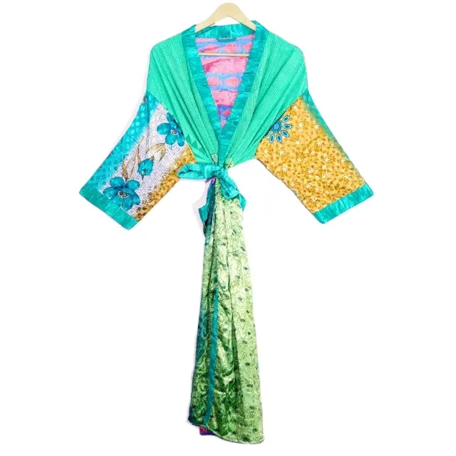 Kimono de seda Vintage indio, regalo para mujer, bata de Sari india, vestido bohemio, bata de Sari reciclada, venta de Navidad para novia