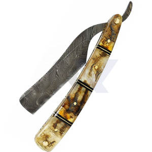 Rasoir à lame droite en acier Damas fait main avec manche en corne de bélier pour barbiers, rasoir à barbe pour le rasage du cou - Product Image 5